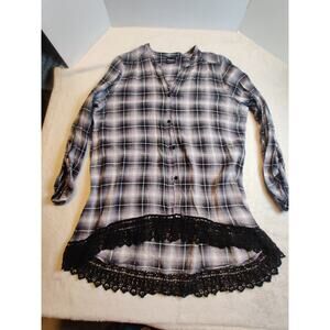 Vintage Wallpaper Tunic Women's Size XL Plaid Button Up Lace 3/4 Sleeve